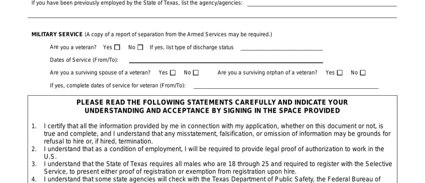 state of texas application online AreyouaveteranYes, Ifyeslisttypeofdischargestatus, DatesofServiceFromTo, AreyouasurvivingspouseofaveteranYes, and AreyouasurvivingorphanofaveteranYes fields to fill out