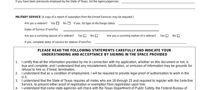 state of texas unemployment application If you have been previously, MILITARY SERVICE A copy of a, Are you a veteran Yes, If yes list type of discharge, Dates of Service FromTo, Are you a surviving spouse of a, Are you a surviving orphan of a, If yes complete dates of service, PLEASE READ THE FOLLOWING, and I certify that all the information fields to fill out