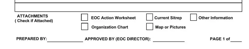 eoc form ATTACHMENTSCheckifAttached, EOCActionWorksheet, CurrentSitrep, OtherInformation, OrganizationChart, MaporPictures, PREPAREDBY, APPROVEDBYEOCDIRECTOR, and PAGEof fields to insert