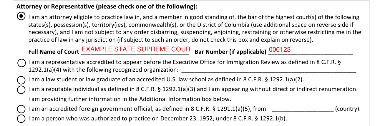 Form EOIR-28 example filled out, attorney or Representative