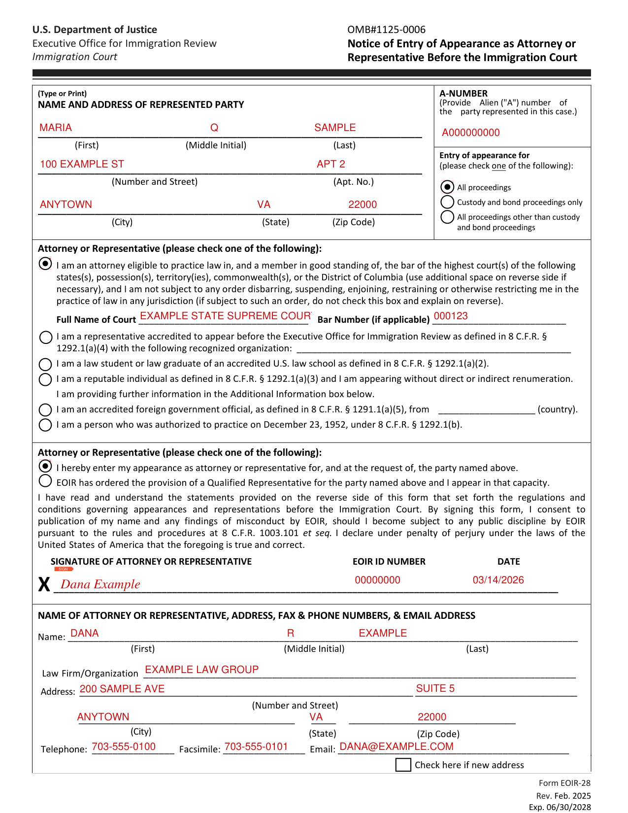 Form EOIR-28 example filled out, example: an attorney enters an appearance