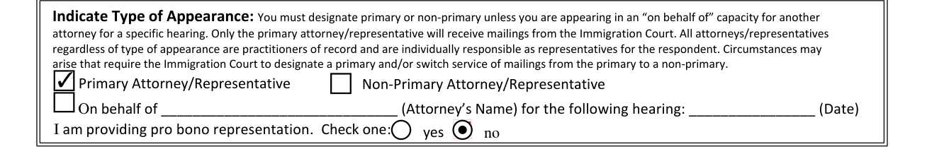 Form EOIR-28 example filled out, indicate Type of Appearance