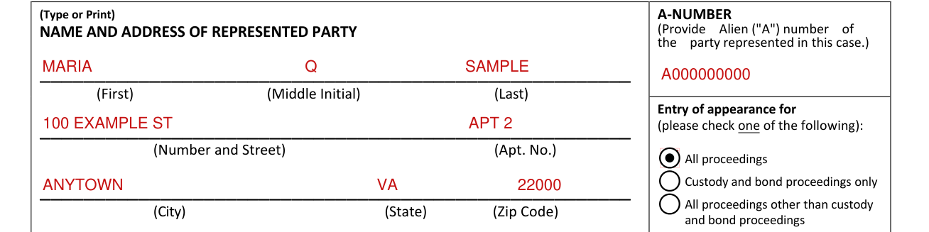 Form EOIR-28 example filled out, name and address of represented party and A-number