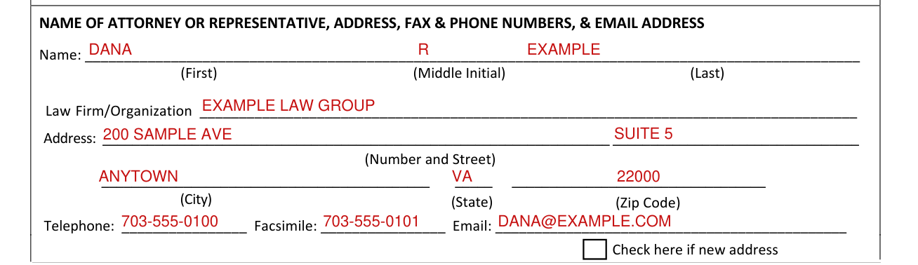 Form EOIR-28 example filled out, name of attorney or representative, address, fax and phone numbers, and email address