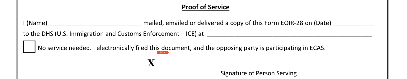 Form EOIR-28 example filled out, proof of Service