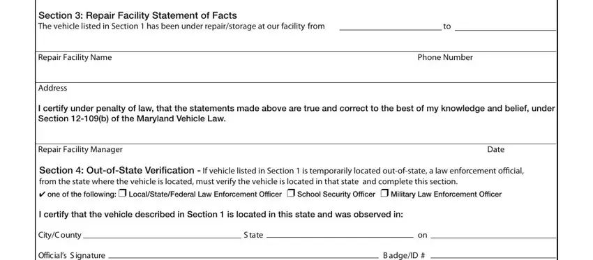 maryland vehicle emissions erutangiS, rebmuN enohpeleT, etaD, Section  Repair Facility Statement, Repair Facility Name, Address, Phone Number, I certify under penalty of law, Repair Facility Manager, Date, Section  OutofState Verification, I certify that the vehicle, ytnuoCytiC, erutangiS slaiciffO, and etatS blanks to complete