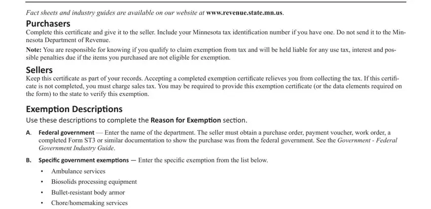 mn st3 form Form ST Instructions, Fact sheets and industry guides, Exemption Descriptions Use these, completed Form ST or similar, B Specific government exemptions, and Ambulance services  Biosolids blanks to complete