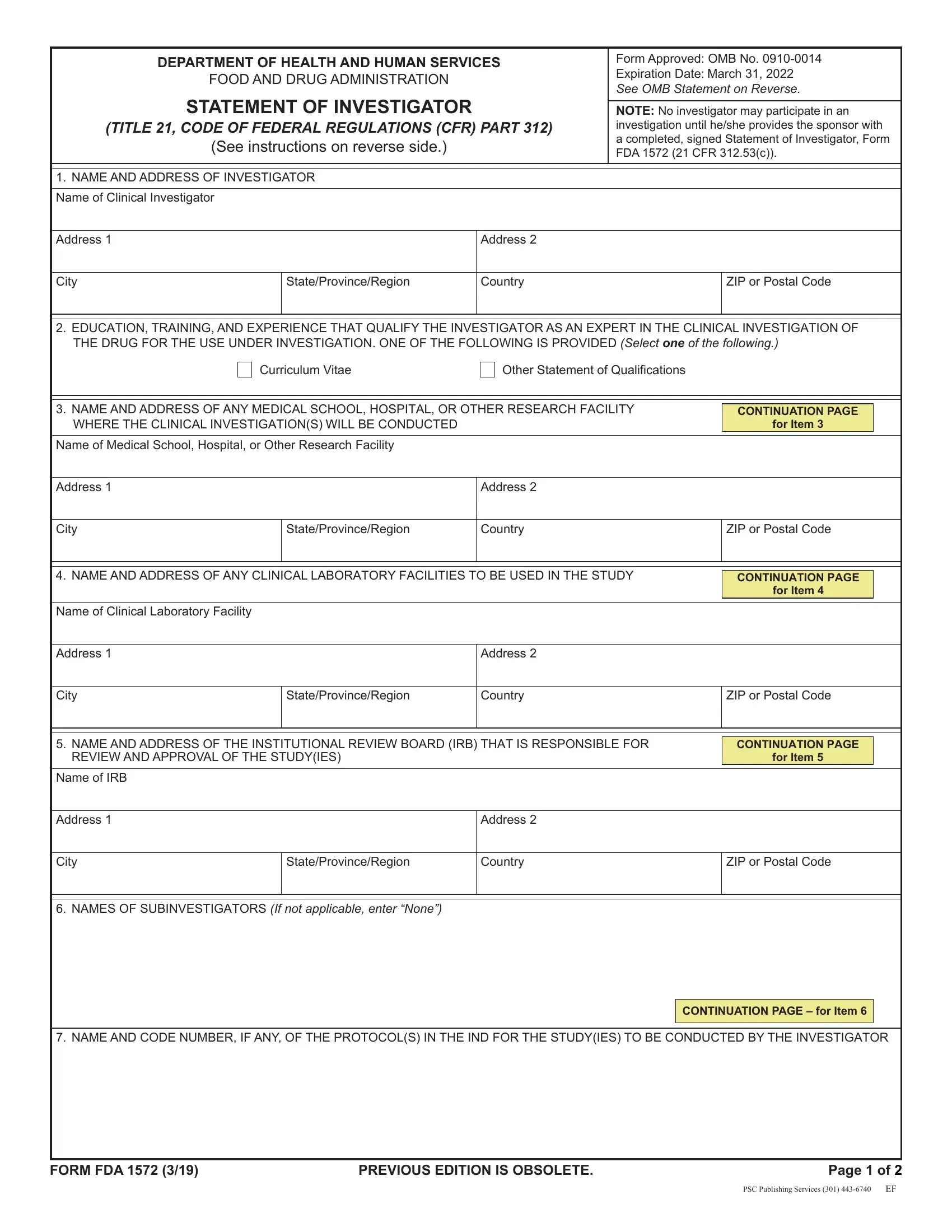 Form Fda 1572 Fill Out Printable PDF Forms Online