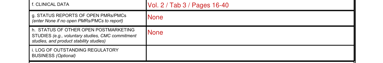 Form FDA 2252 example filled out, 10g to 10i. Status Reports of Open PMRs/PMCs, Other Open Postmarketing Studies and Log of Outstanding Regulatory Business