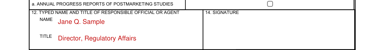 Form FDA 2252 example filled out, 12. Typed Name and Title and 14. Signature