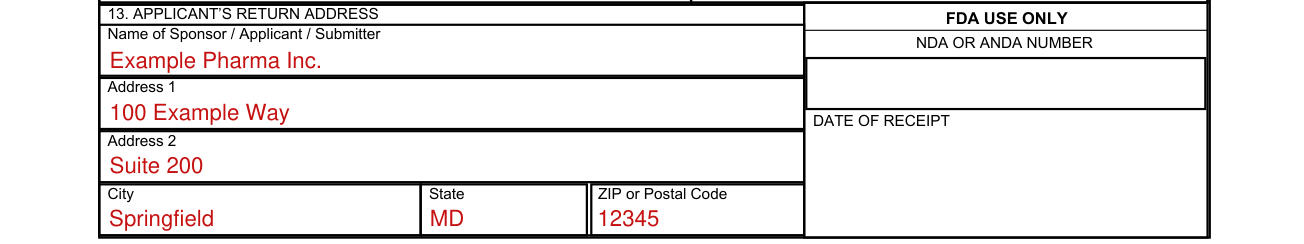 Form FDA 2252 example filled out, 13. Applicant's Return Address