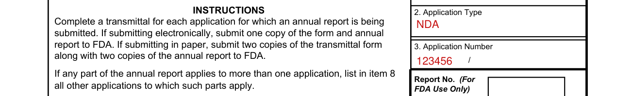 Form FDA 2252 example filled out, 2. Application Type and 3. Application Number