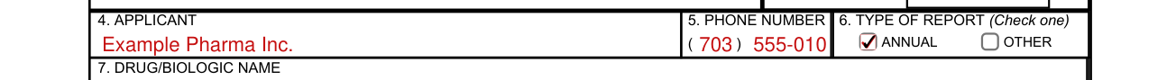 Form FDA 2252 example filled out, 4. Applicant and 5. Phone Number