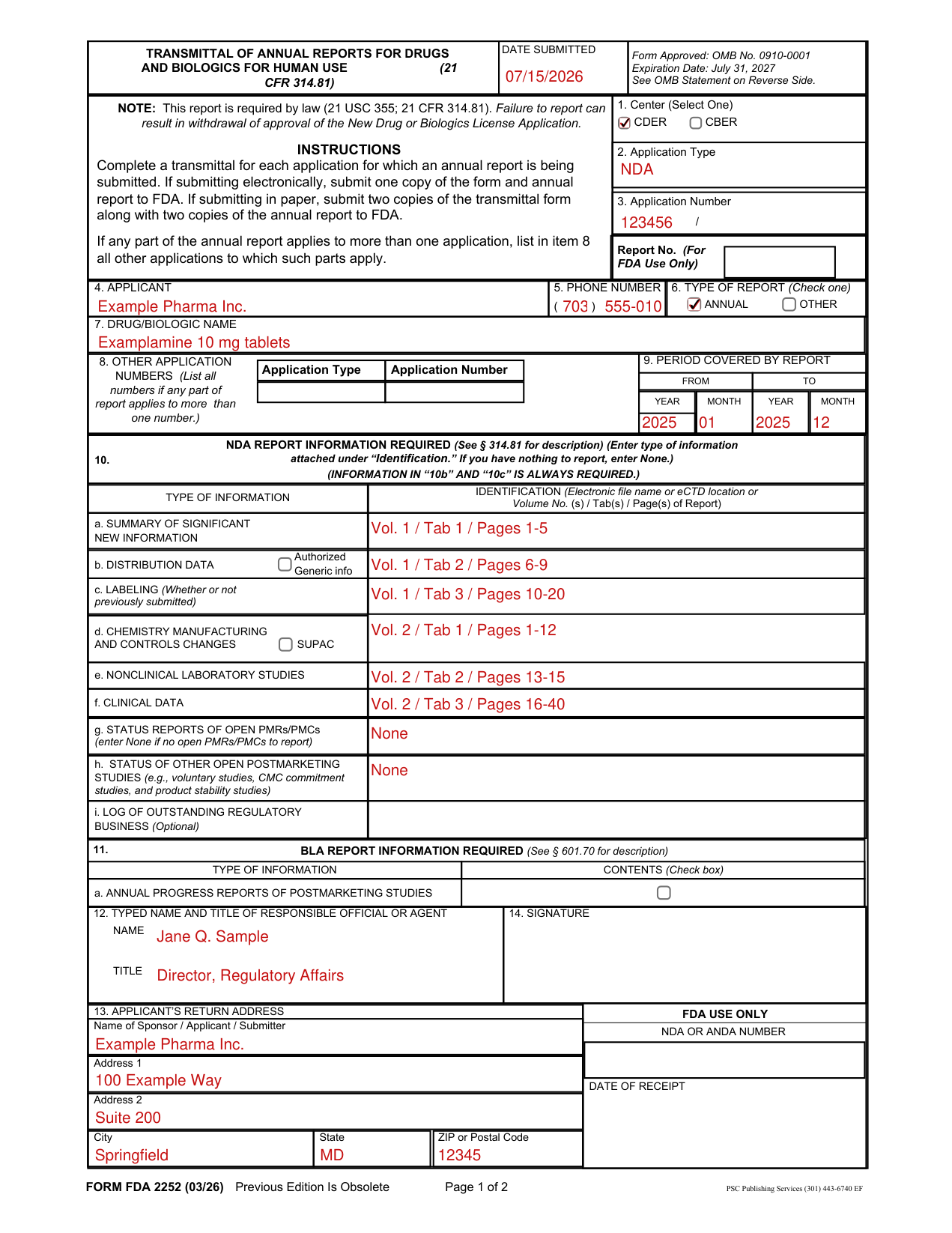 Form FDA 2252 example filled out, example: annual report for one NDA sent to CDER