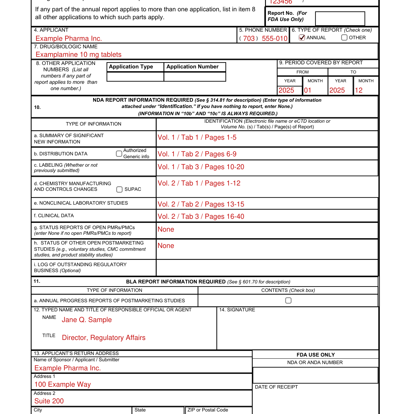 Form FDA 2252 example filled out, report No. and FDA USE ONLY