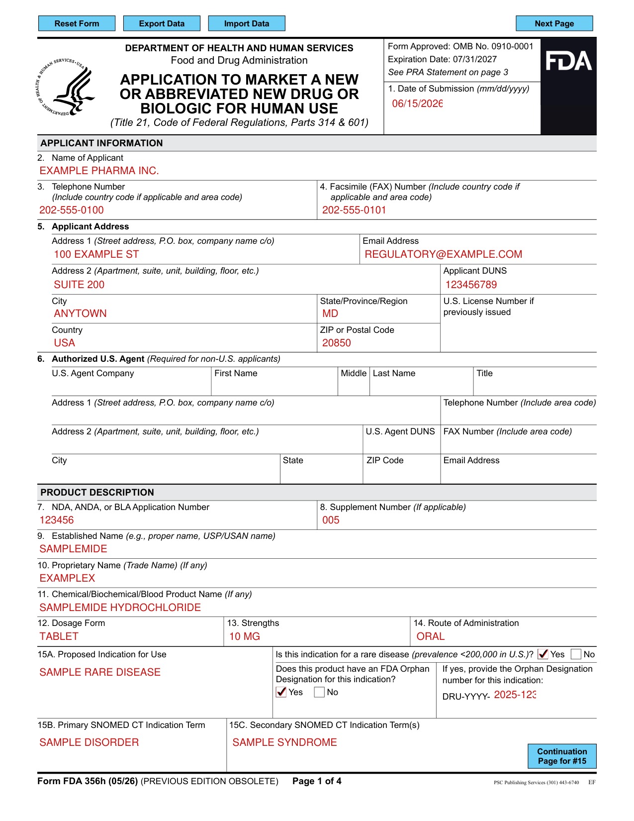Form FDA 356h example filled out, example: a U.S. applicant files an NDA supplement