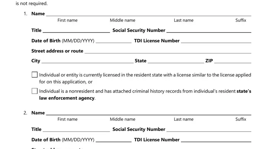 Form Fin507 Make as many additional copies of, Name, First name, Middle name, Last name, Suffix, Title, Social Security Number, Date of Birth MMDDYYYY, TDI License Number, Street address or route, City, State, ZIP, and Individual or entity is currently blanks to fill