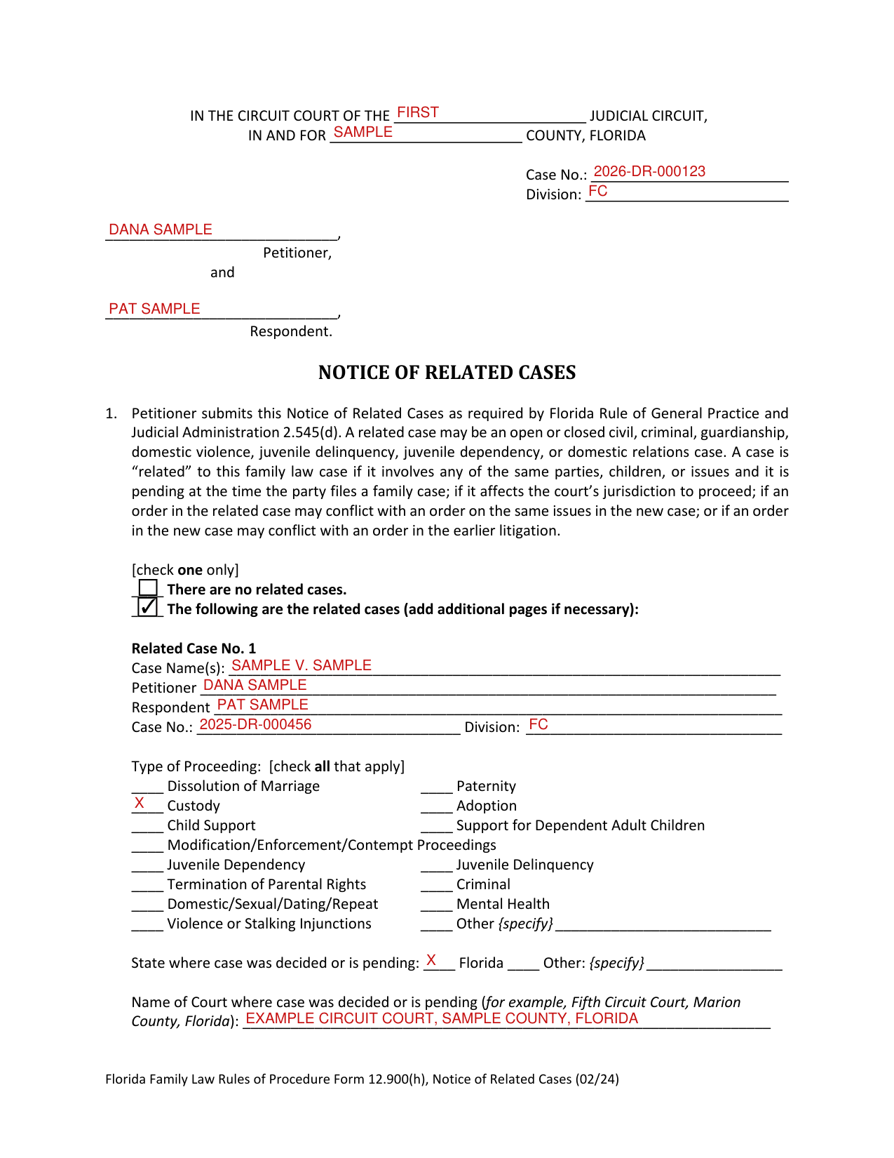 Form 12.900(h) example filled out, example: a petitioner lists one related custody case