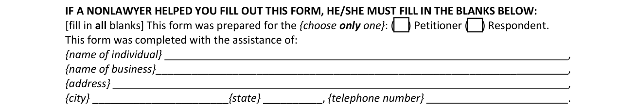 Form 12.900(h) example filled out, iF A NONLAWYER HELPED YOU FILL OUT THIS FORM