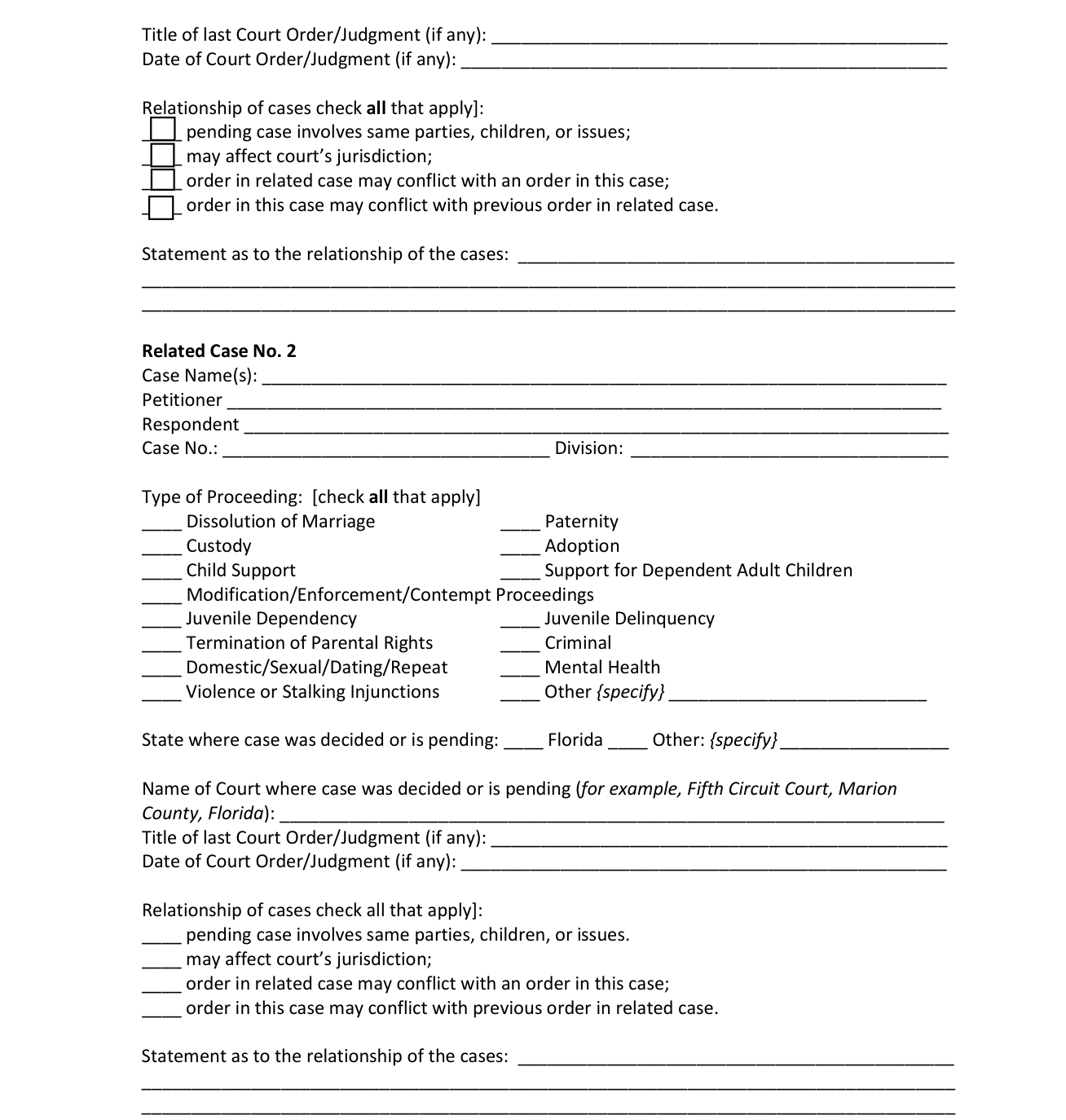 Form 12.900(h) example filled out, title of last Court Order/Judgment and Relationship of cases