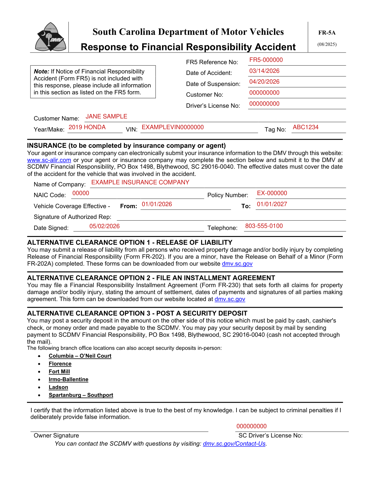 Form FR-5A example filled out, example: an insurance agent completes the response