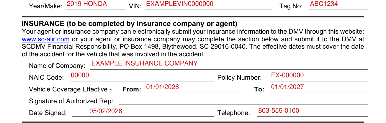 Form FR-5A example filled out, iNSURANCE (to be completed by insurance company or agent)