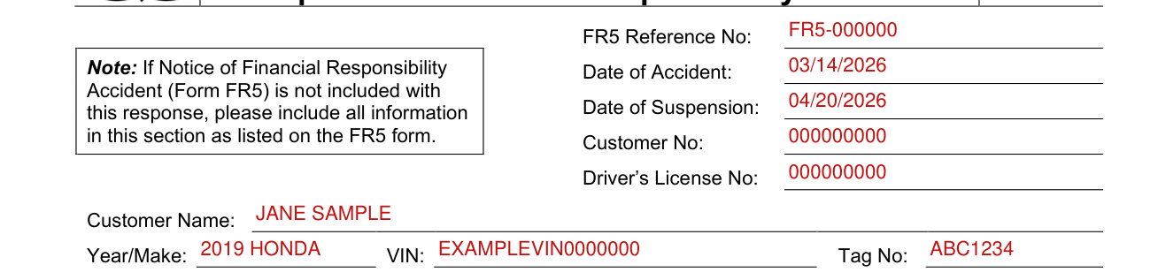 Form FR-5A example filled out, response to Financial Responsibility Accident