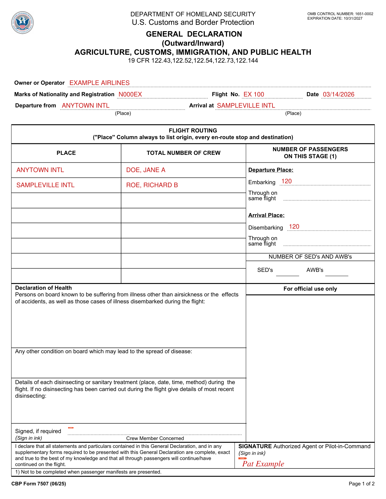 CBP Form 7507 example filled out, example: an airline agent declares an inbound flight