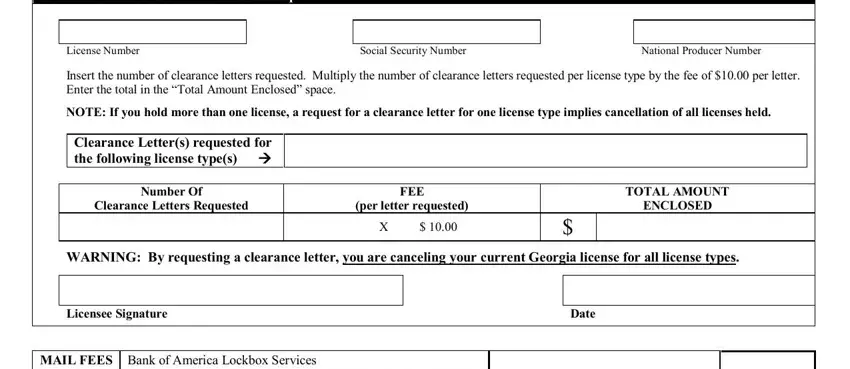 Form Gid 391 Al License Fee and Clearance Letter, License Number, Social Security Number, National Producer Number, Insert the number of clearance, NOTE If you hold more than one, Clearance Letters requested for, Number Of Clearance Letters, FEE per letter requested, TOTAL AMOUNT ENCLOSED, WARNING By requesting a clearance, Licensee Signature, Date, MAIL FEES TO, and Bank of America Lockbox Services fields to insert