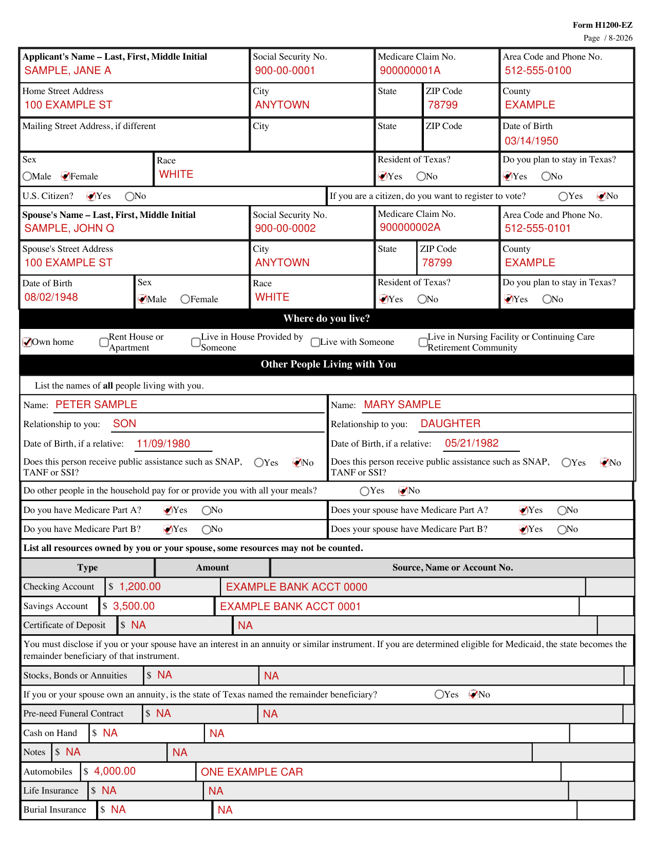 Form H1200-EZ example filled out, example: a married couple who own their home