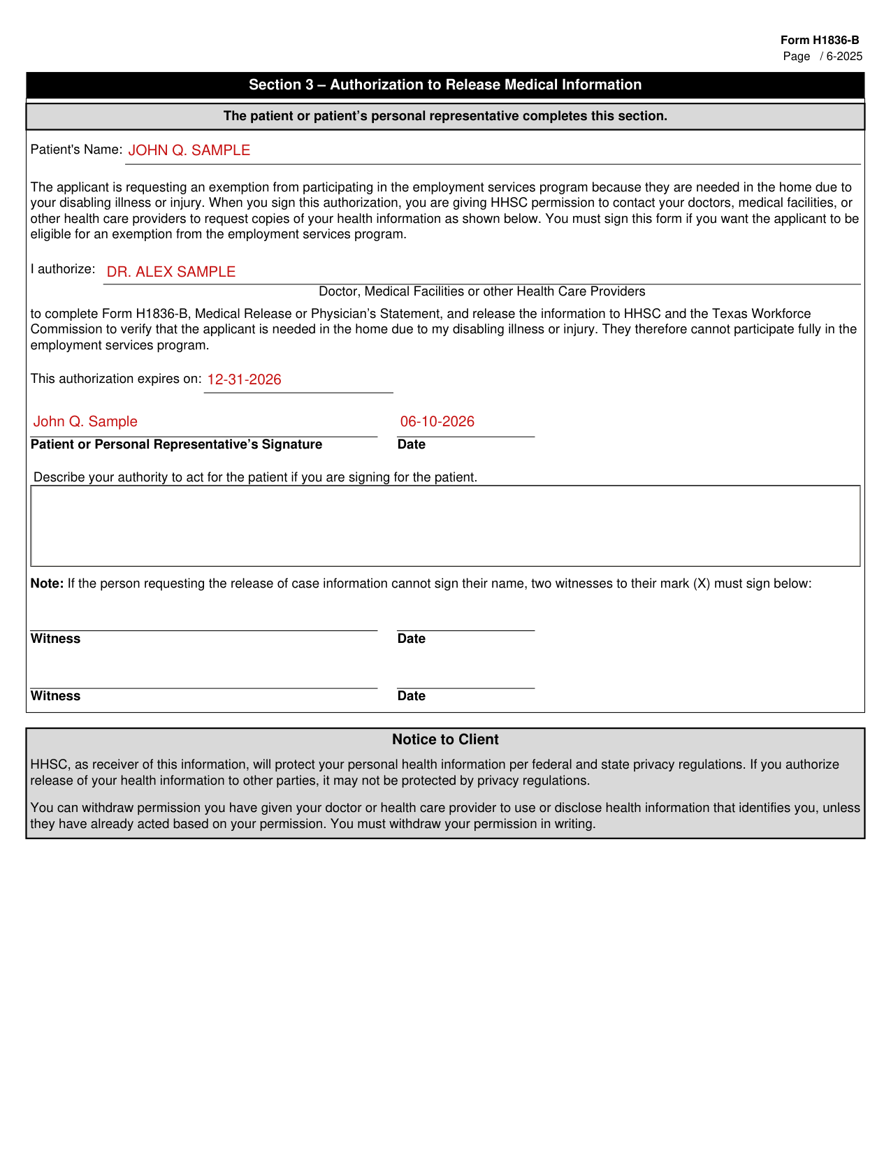 Form H1836-B example filled out, example: the patient authorizes the release