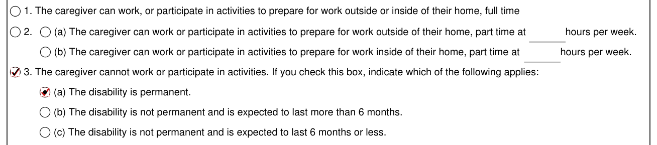 Form H1836-B example filled out, part A - Caring For a Disabled Family Member