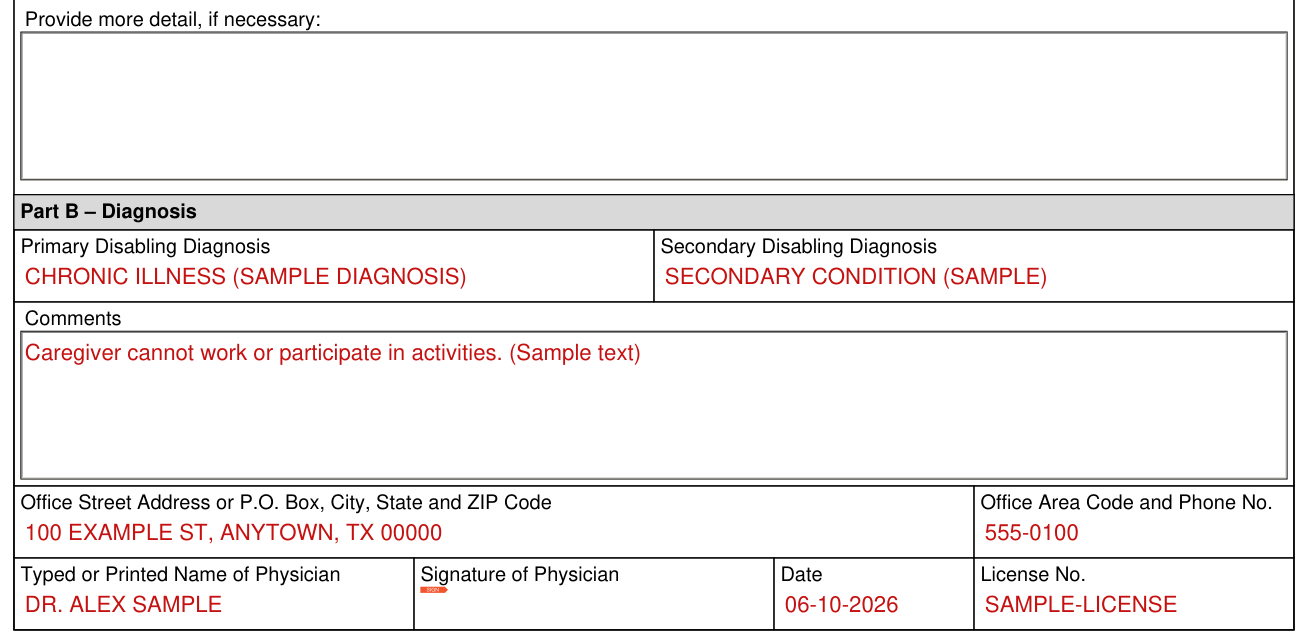 Form H1836-B example filled out, part B - Diagnosis