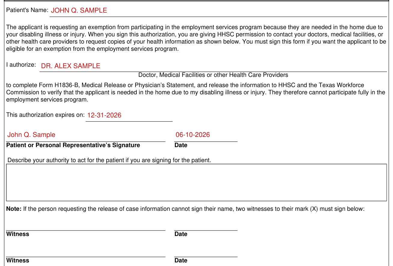 Form H1836-B example filled out, section 3 - Authorization to Release Medical Information