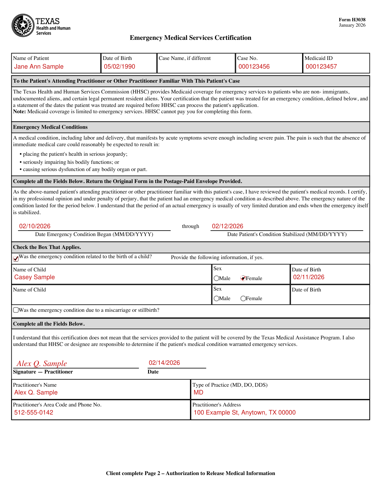 Form H3038 example filled out, example: an MD certifies an emergency that included a birth
