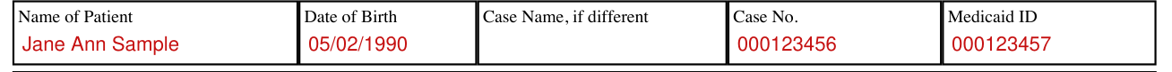 Form H3038 example filled out, name of Patient, Date of Birth, Case Name, if different, Case No. and Medicaid ID