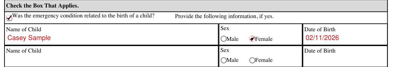 Form H3038 example filled out, was the emergency condition related to the birth of a child?
