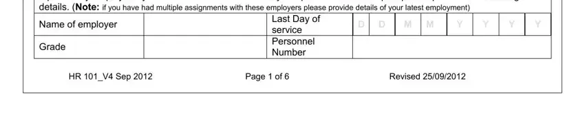 2012 Were you previously employed by, Name of employer, Grade, Last Day of service Personnel, D D M M, HR V Sep, Page  of, and Revised blanks to fill out