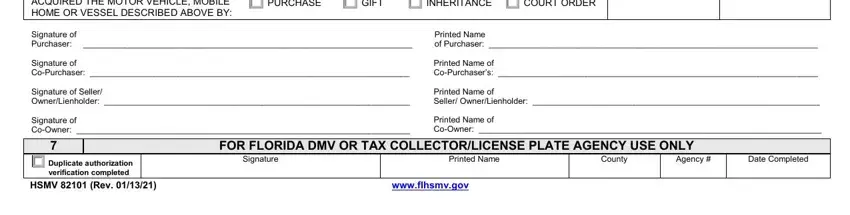 duplicate title car florida I amwe are the owners lienholders, COURT ORDER, INHERITANCE, PURCHASE, GIFT, Signature of Purchaser, Printed Name of Purchaser, Signature of CoPurchaser, Printed Name of CoPurchasers, Signature of Seller, Printed Name of Seller, Signature of CoOwner, Printed Name of CoOwner, Duplicate authorization, and FOR FLORIDA DMV OR TAX fields to fill