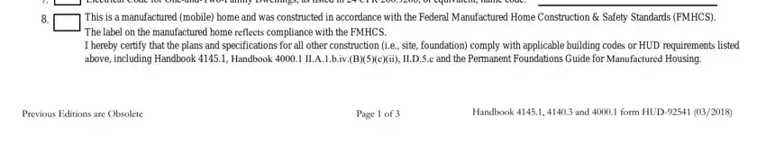 Form Hud 92541 Electrical Code for, This is a manufactured mobile home, Previous Editions are Obsolete, Page  of, and Handbook   and  form HUD blanks to fill