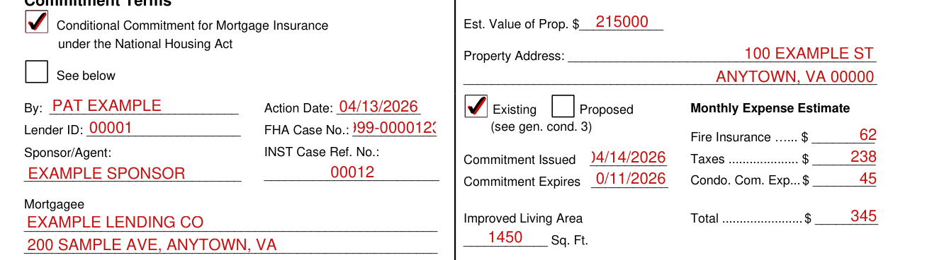 Form HUD-92800.5B example filled out, commitment Terms