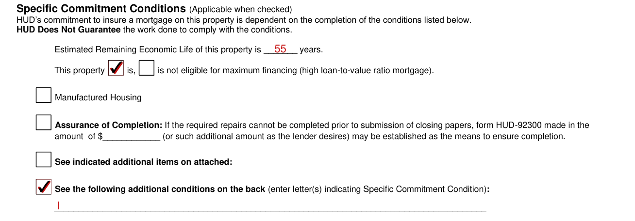 Form HUD-92800.5B example filled out, economic life, maximum financing and additional conditions