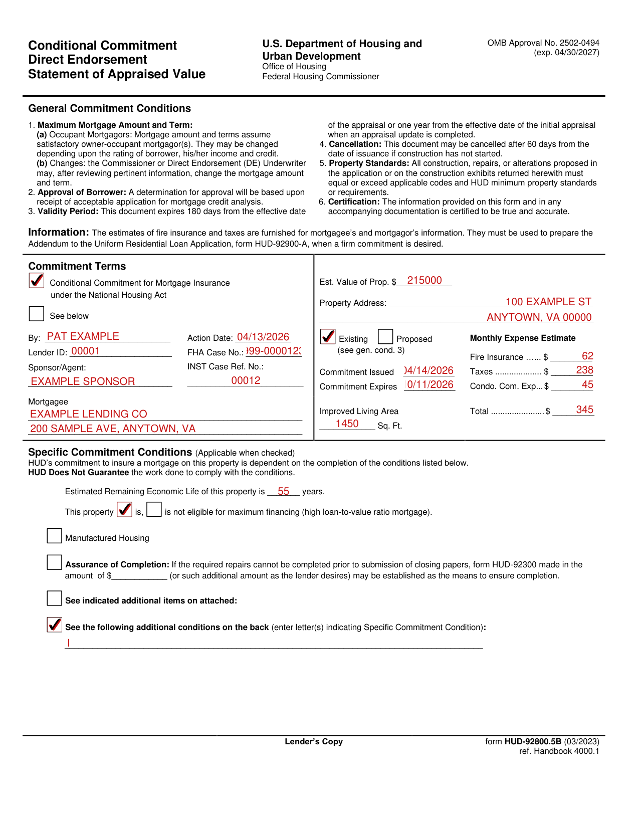 Form HUD-92800.5B example filled out, example: a lender issues a Conditional Commitment