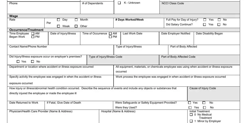 Washington Phone, Wage Rate, of Dependents, K  Unknown, NCCI Class Code, Day, Month, Days WorkedWeek, Full Pay for Day of Injury, Yes, Per, Week, Other, OccurrenceTreatment Time Employee, and AM PM fields to fill