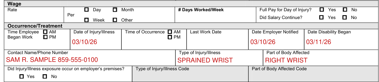 Form IA-1 example filled out, date Disability Began and Contact Name/Phone Number