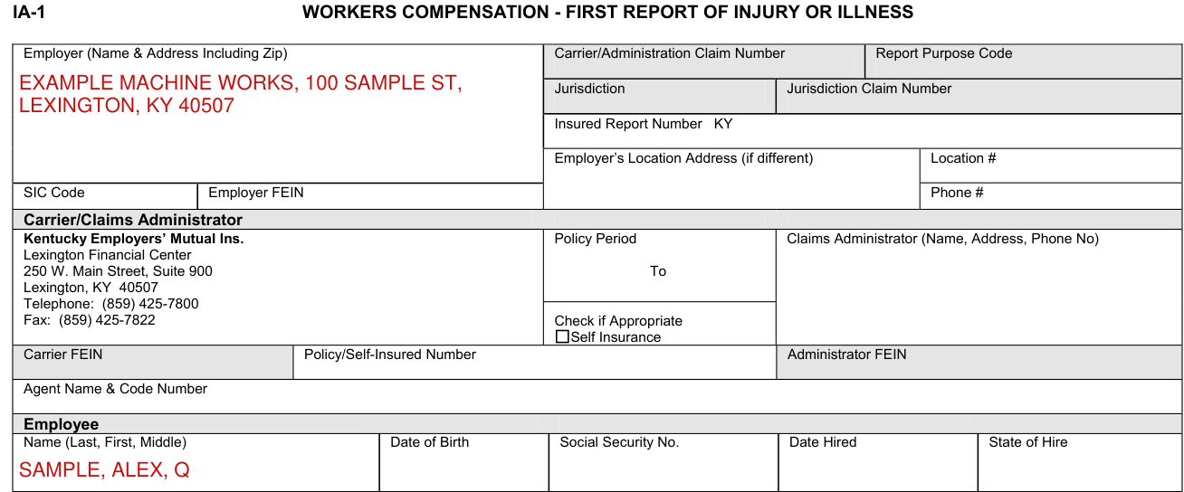 Form IA-1 example filled out, employer, SIC Code, Carrier and Claims Administrator