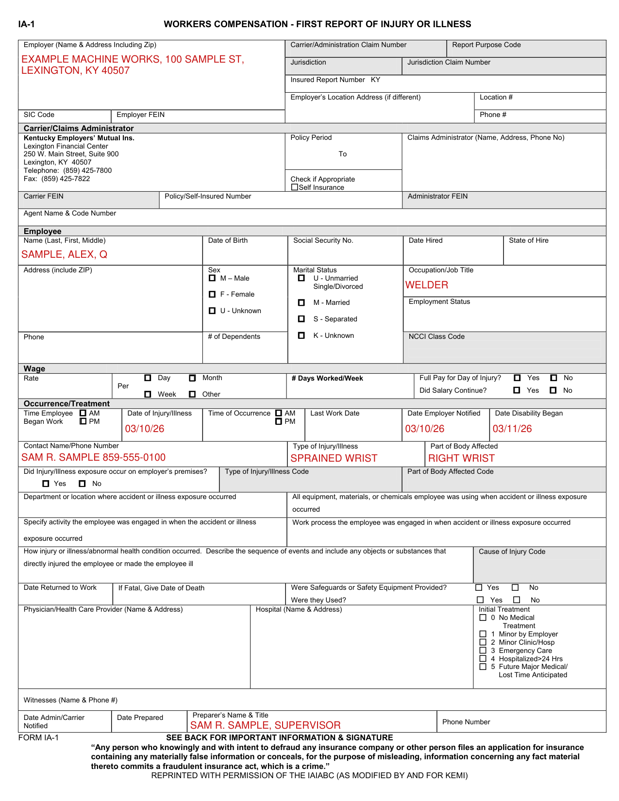 Form IA-1 example filled out, example: a supervisor reports a wrist injury