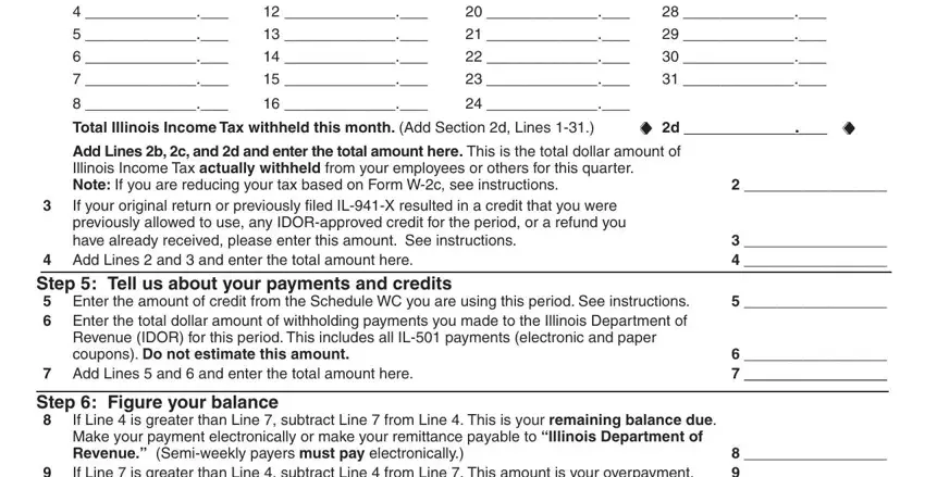 illinois 941 x d Third month of quarter ie March, Day Amount, Day Amount, Day Amount, Add Lines b c and d and enter the, Add Lines  and  and enter the, Add Lines  and  and enter the, Step  Figure your balance, and If Line  is greater than Line blanks to complete