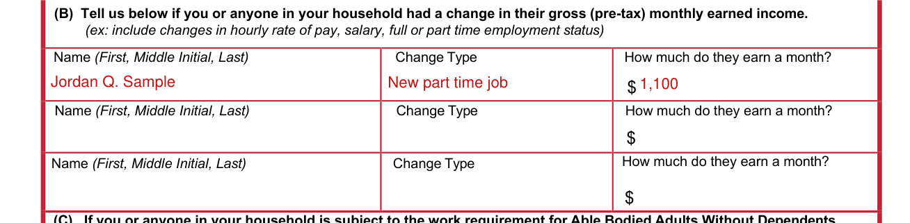 JFS 07221 example filled out, (B) a change in gross (pre-tax) monthly earned income