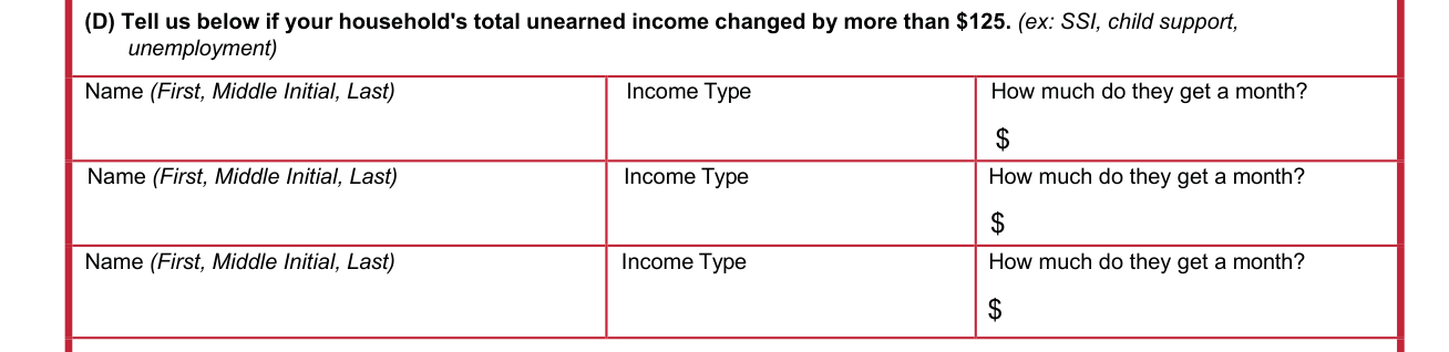 JFS 07221 example filled out, (D) a change in your household's total unearned income